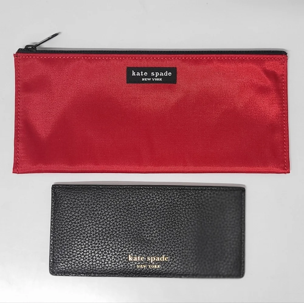Kate Spade NY Red Vinyl Accessory Pouch & Black Pebbled Leather Card Case Set